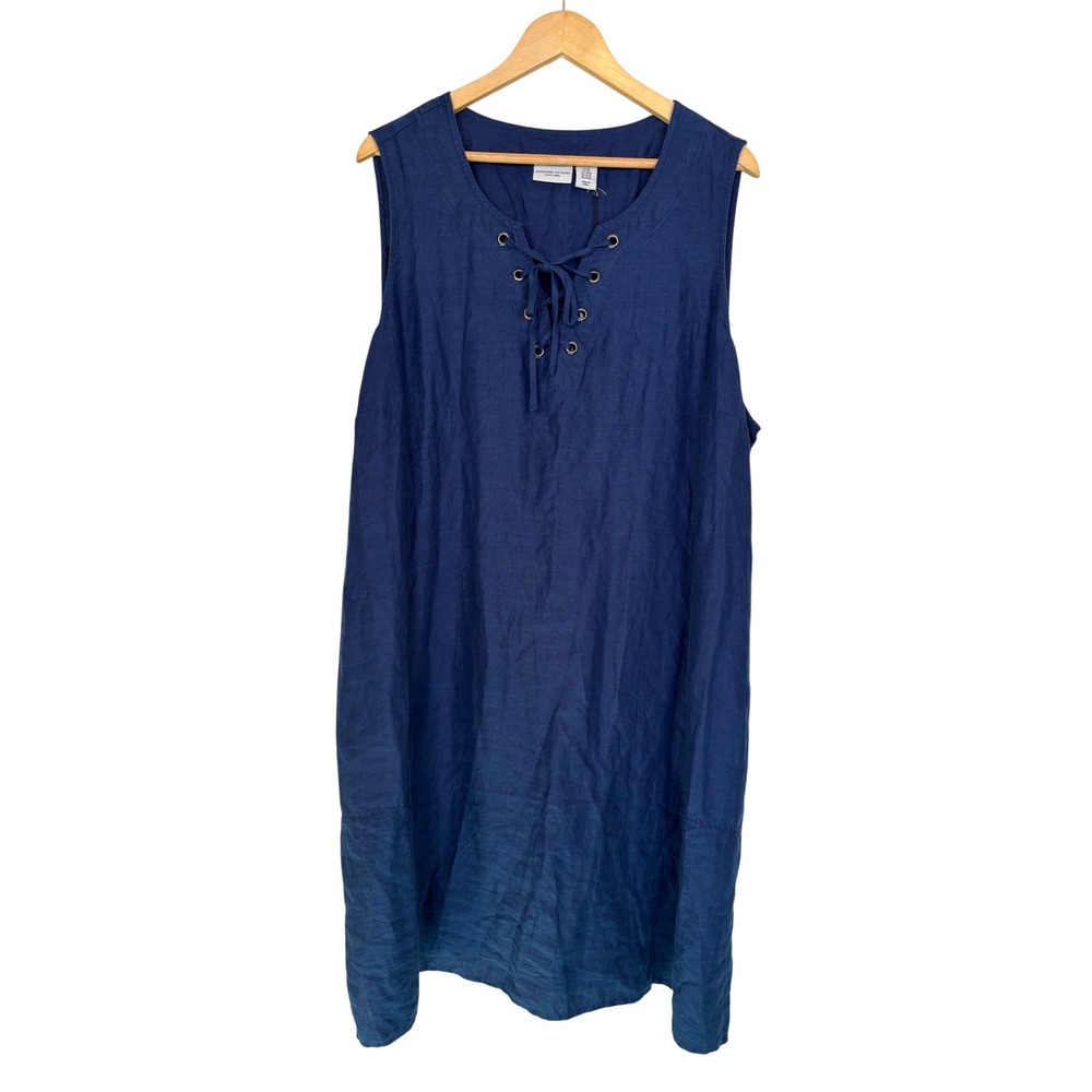Adrienne Vittadini Lace Up Linen Shift Dress 3X Blue Coastal Boho Minimal Resort